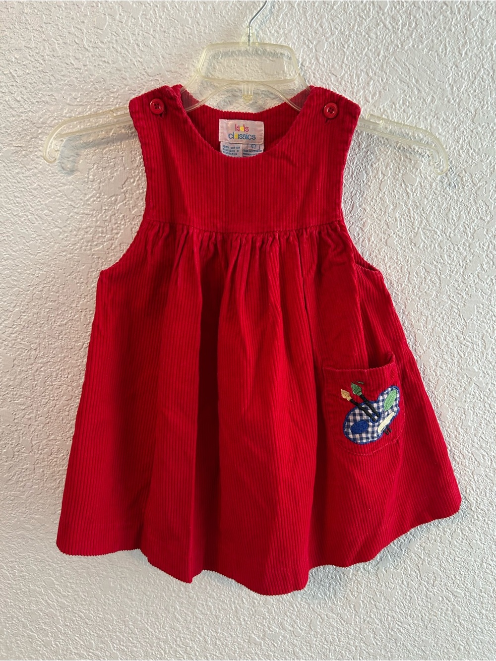 Vintage 90s Kids Classics 4T Red Corduroy Jumper Dress Embroidered Pockets